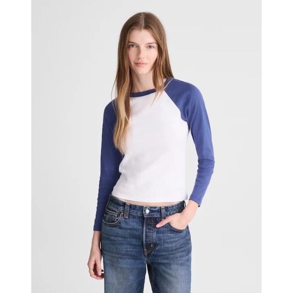 Madewell The '90s Long-Sleeve Tee in Compact Cotton Blue And White XXS NWT